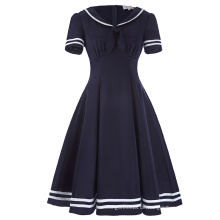 Belle Poque Kurzarm Revers Kragen Kontrast Farbe Vintage Sailor Ambleside Midi Crepe Swing Kleid BP000266-1